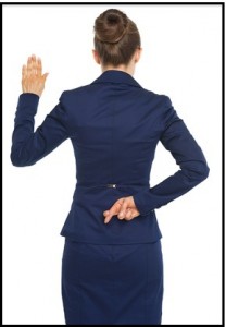 Business woman holding crossed fingers behind back while oath truth . rear view
